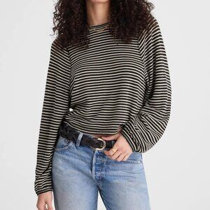 NWT Madewell Sz M Striped Curved Long-Sleeve Tee Jet Black White Knit NW938